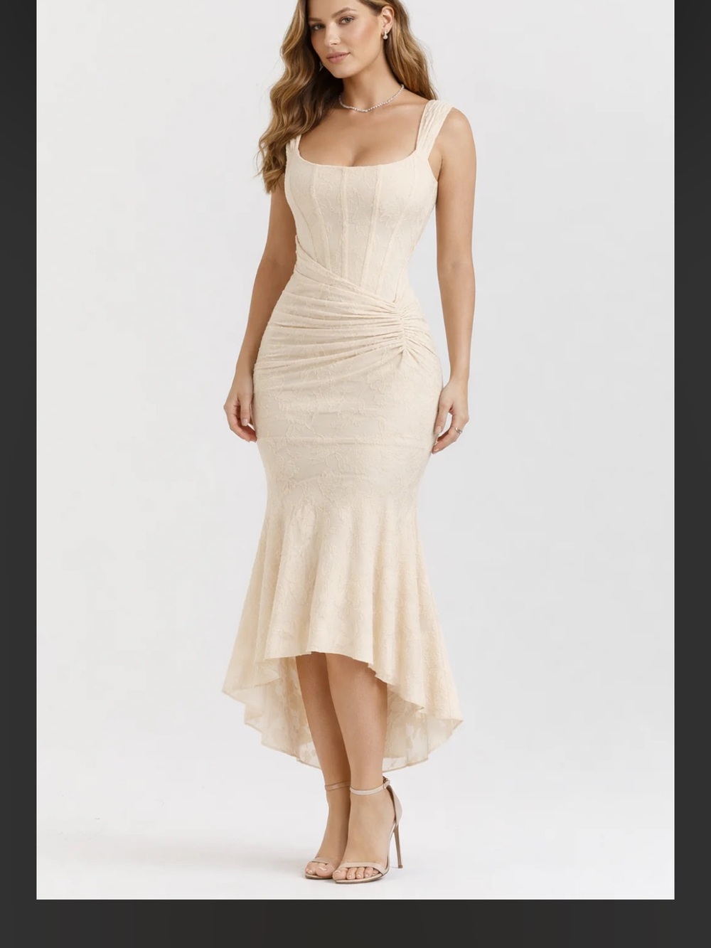 Aurora Noir Aurelia Ivory High-Low Ruched Midi Dress